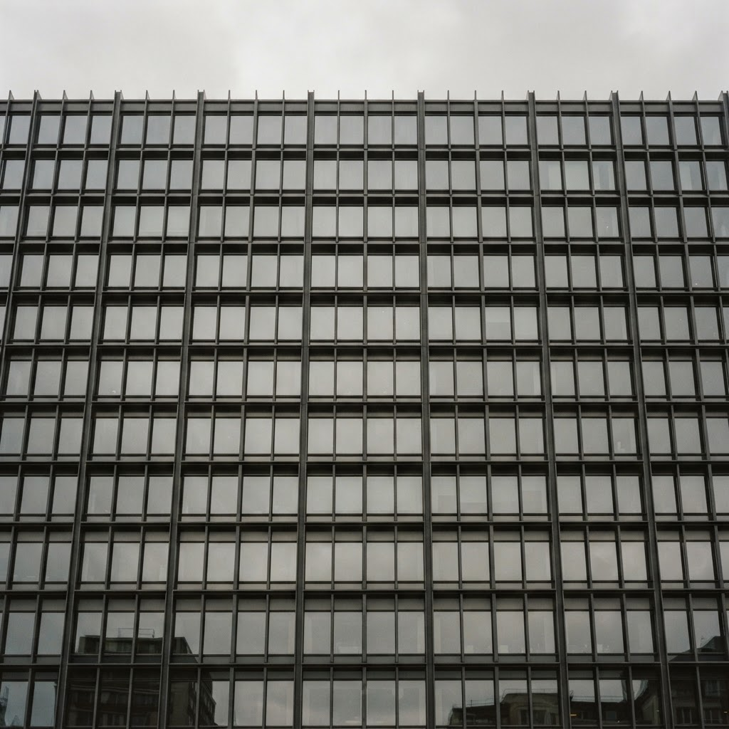 Commercial building facade detail with repeating glass and steel geometry