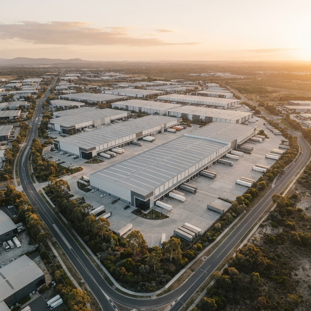 Aerial view of an industrial logistics estate in early morning light