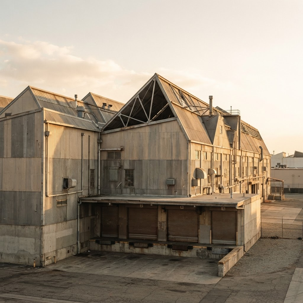 Industrial warehouse with strong roofline geometry in afternoon light